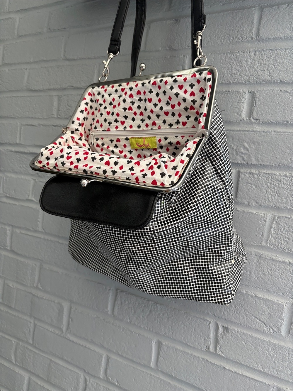 ♦️ Jazzd Vintage Small Backpack. Card Suits. Black Polka Dots.